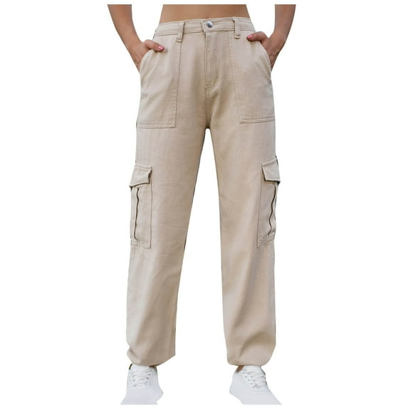 ZACPNCV Women's Mid-waist Pocket Denim Overalls Casual Pants In Spring And Summer Khaki