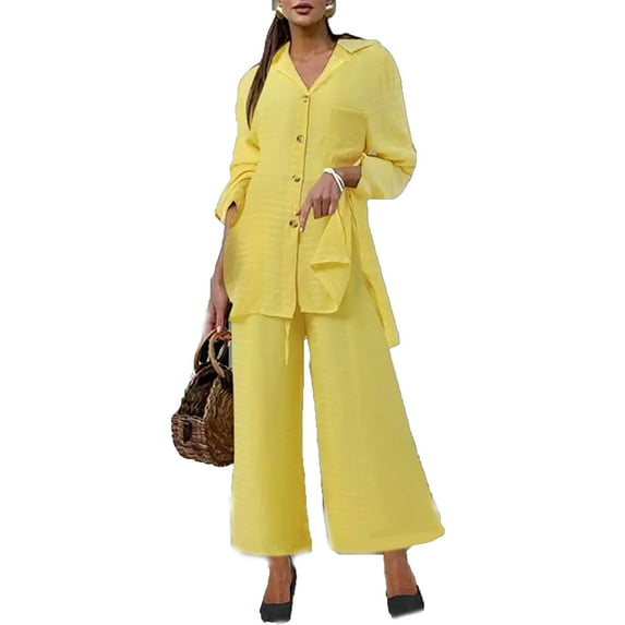 Meresysid Women's New Solid Color Shirt Loose Casual With Pocket Long Sleeved Lapel Set Suit Yellow