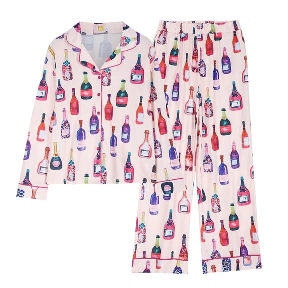 ZACPNCV Women's Pocket Printed Long Sleeve Tops And Pants Pajama Set For Daily Home Wear Pink