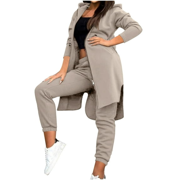 ZACPNCV Women's Solid Color Casual Crew Neck Long Sleeve Top and Shorts With Pocket Suit Khaki