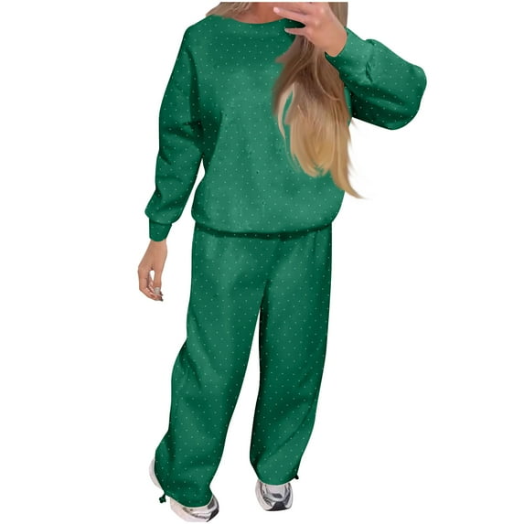 ZACPNCV Women's Solid Color Ironed Diamond Casual Round Neck Long Sleeve Trousers And Ankle Elastic Waist Suit Green