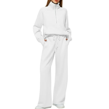 ZACPNCV Women's Two-piece Set With Over Half Zipper Sweatshirt Wide Leg Sweatpants Casual Suit For Women White