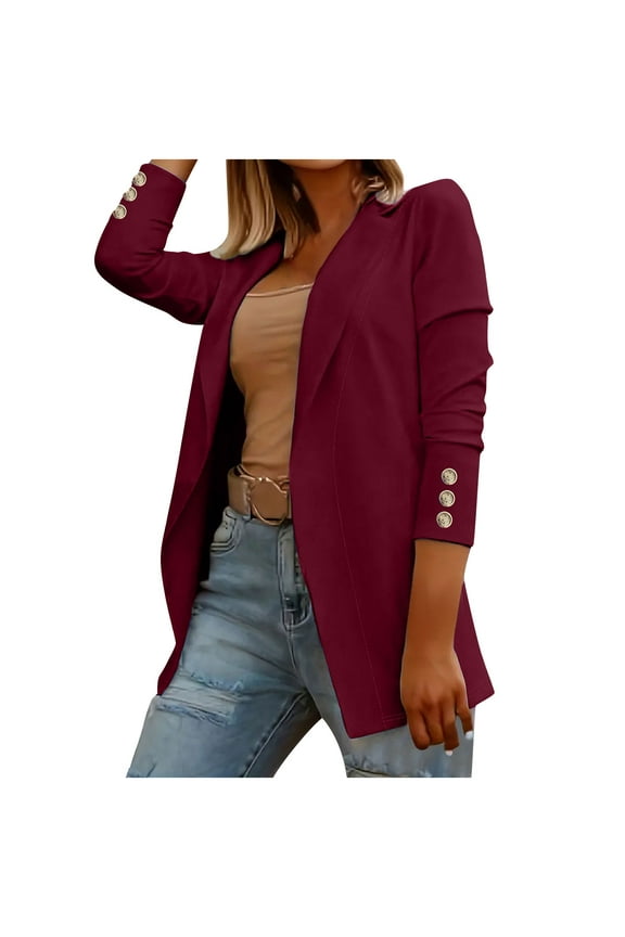 Women's Winter Casual Jackets Long Sleeve Casual Solid Suit Jacket Tops Burgundy
