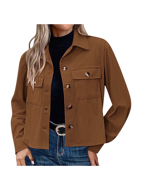 Women's Winter Casual Jackets Long Sleeve Fashion Cropped Shackets Corduroy Crop Jackets Tops Shirts Trendy Brown