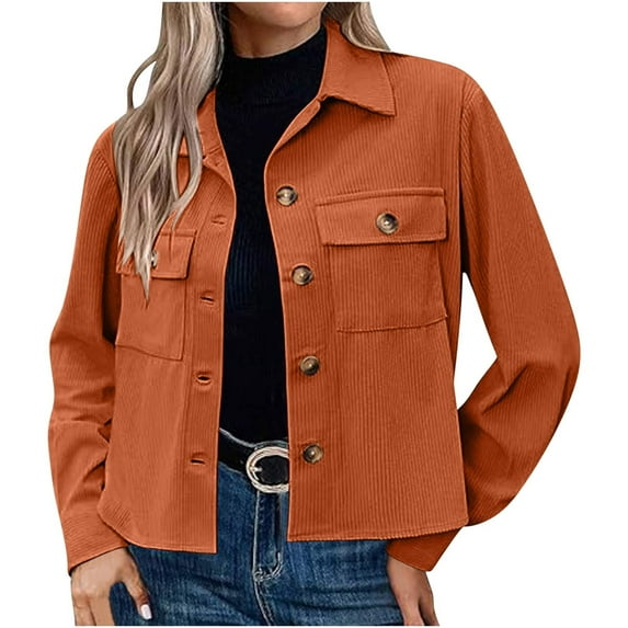 ZACPNCV Women's Winter Casual Jackets Long Sleeve Fashion Cropped Shackets Corduroy Crop Jackets Tops Shirts Trendy 2024 Orange