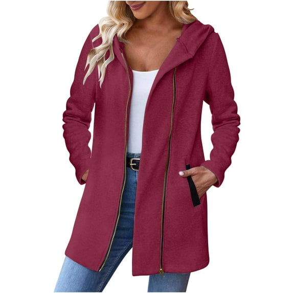 Meresysid Women's Winter Casual Jackets Long Sleeve New Fashionable Solid Color Hooded Sweatshirt With Zipper Pocket Jacket Red