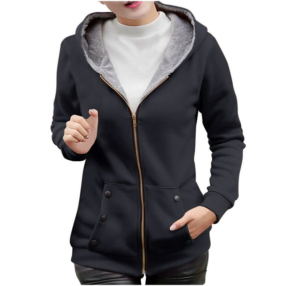 ZACPNCV Women's Winter Casual Jackets Long Sleeve Plus Velvet Hoodie Solid Color Zipper Cardigan Jacket Top Black
