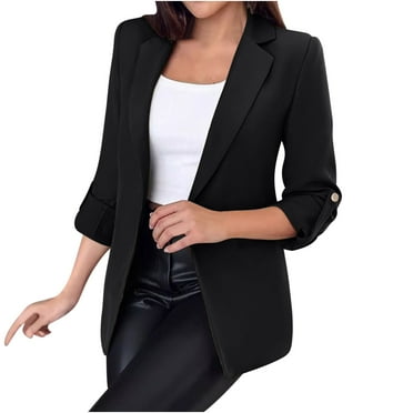Meresysid Women's Winter Casual Jackets Long Sleeve Solid Color Buttonless Suit Jacket Black
