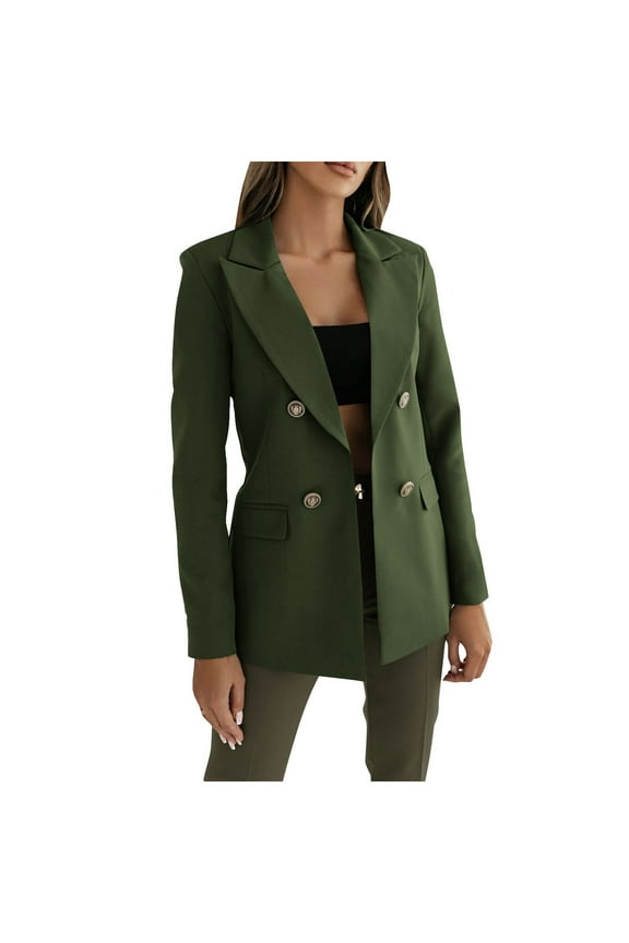 Women's Winter Casual Jackets Long Sleeve Solid Color Top Lapel No Hat Button Casual Suit Jacket Olive Green