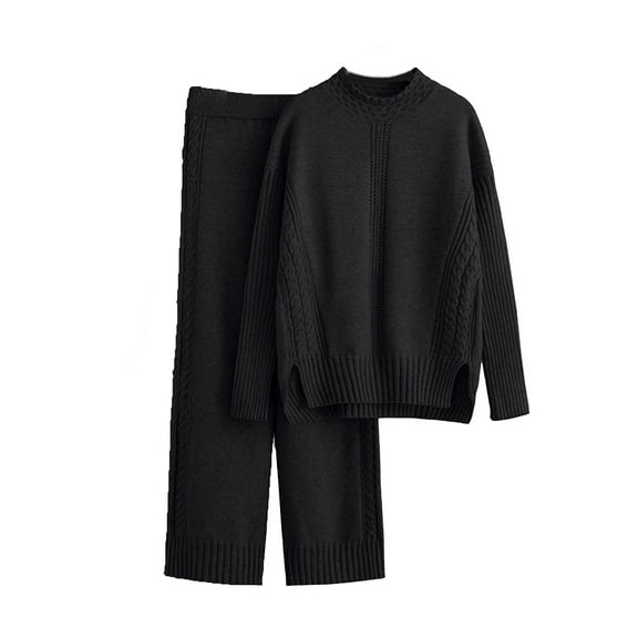 Meresysid Women's Winter Fashion New Loose Casual Half High Collar Sweater And Pants Two Piece Solid Color Knitted Set Long Sleeve Round Neck Top Set Black