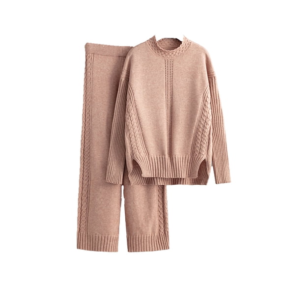 Meresysid Women's Winter Fashion New Loose Casual Half High Collar Sweater And Pants Two Piece Solid Color Knitted Set Long Sleeve Round Neck Top Set Pink