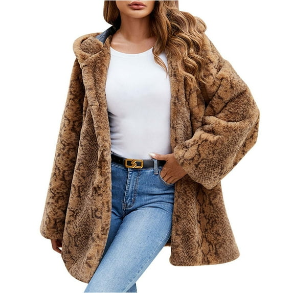 ZACPNCV Womens Ladies Warm Faux Furry Long Coat Jacket Winter Solid Hooded Outerwear Brown