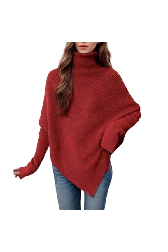 Womens Turtleneck Sweaters 2025 Fall Chunky Long Sleeve Asymmetric Knit Pullover Sweaters Red S