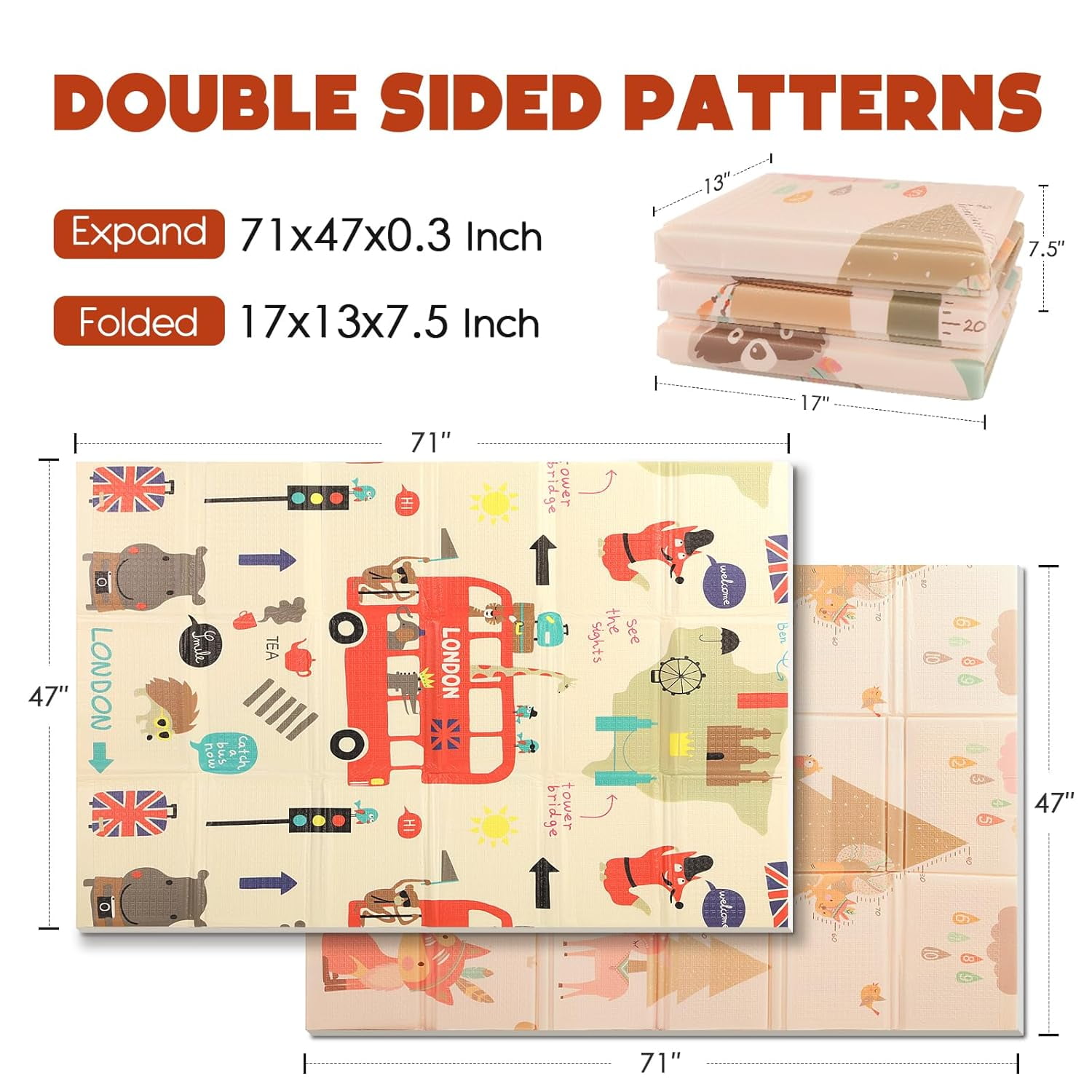 Mergren   Mat, Large(71"×47") XPE Waterproof Foam Foldable  Crawling Mat with Reversible Animal Friends Double-Sided Patterns, Anti-Slip Floor Playing Mats