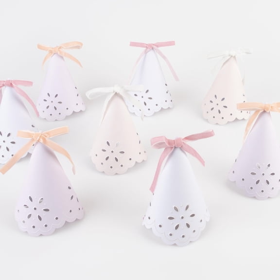 Meri Meri Broderie Anglaise Lace Party Hats (Pack of 8), Pastel Colors with Lace Design and Velvet Bows, Great for Princess Party Hats, Bridal Showers, and More, 3 x 5.5 x 3 inches Y101
