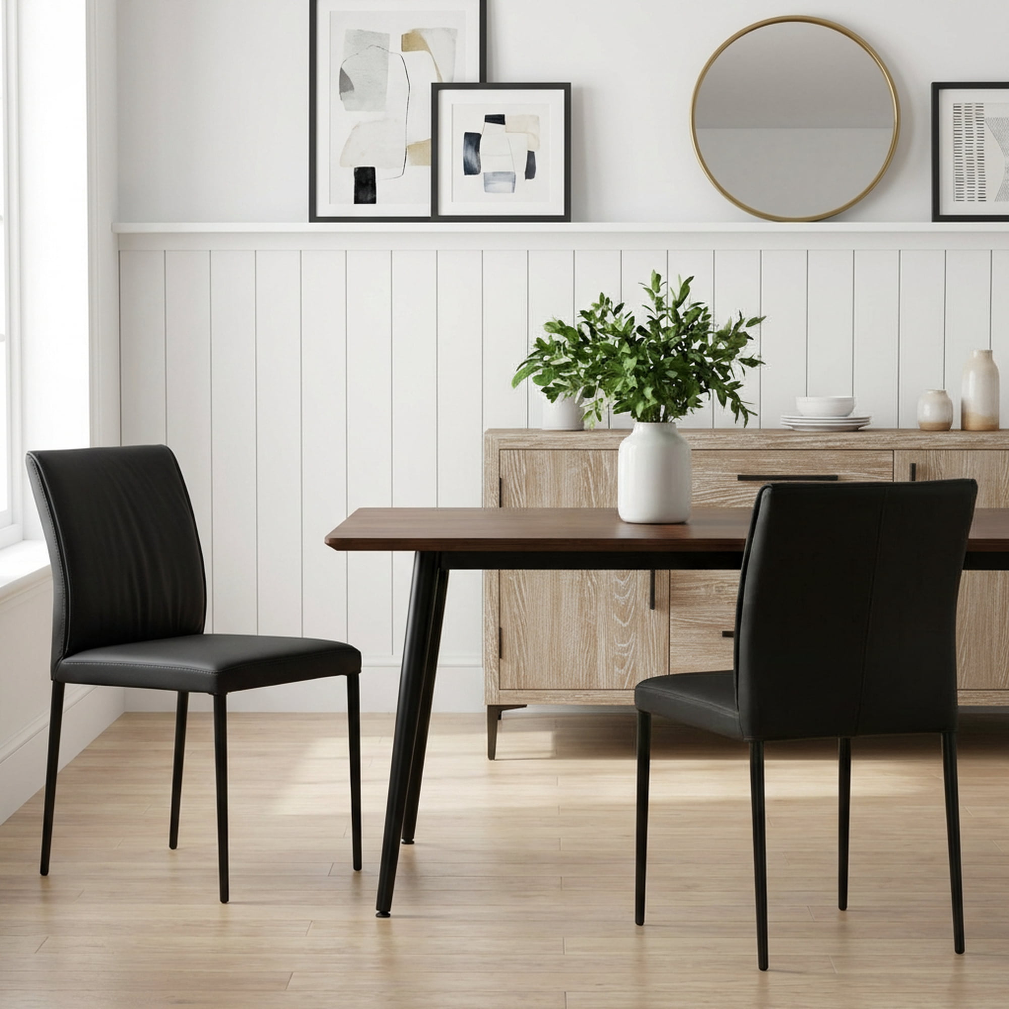 Meriam Full Back Top Grain Leather Upholstered Metal Dining Chairs in Black - Set of 2