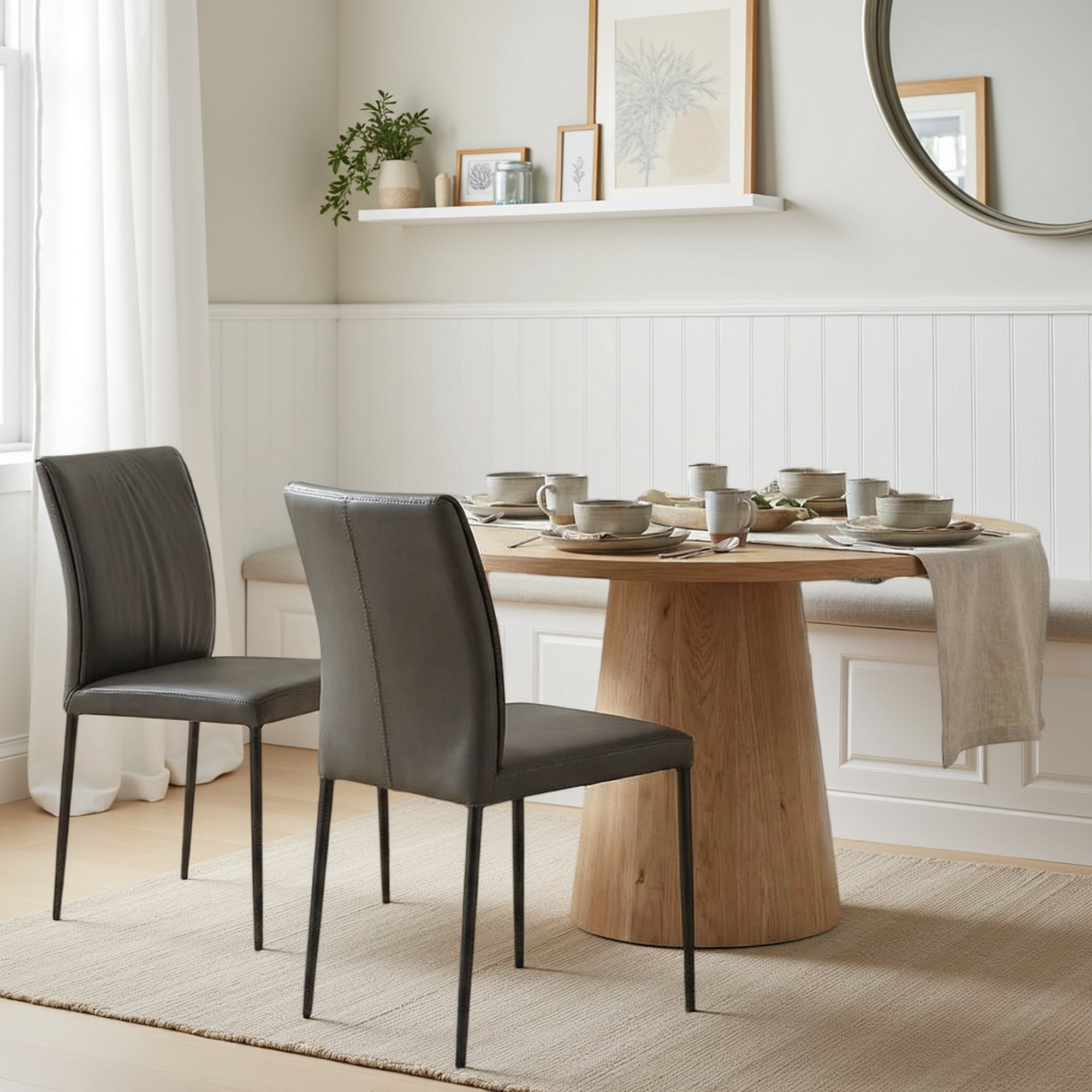 Meriam Full Back Top Grain Leather Upholstered Metal Dining Chairs in Cola - Set of 2