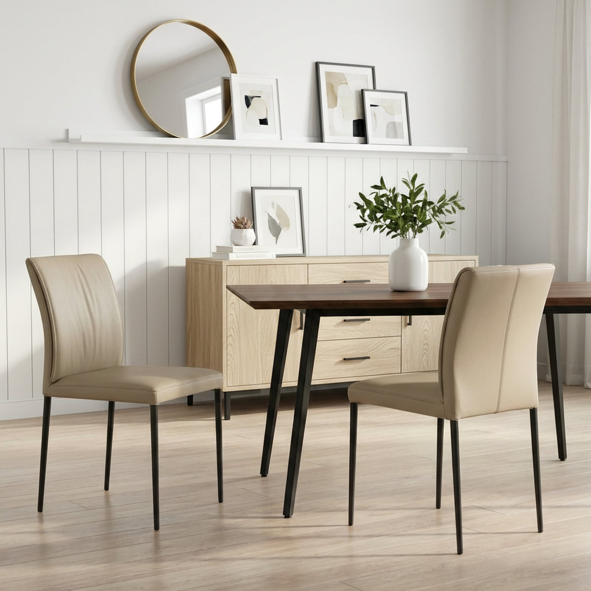 Meriam Full Back Top Grain Leather Upholstered Metal Dining Chairs in Khaki - Set of 2