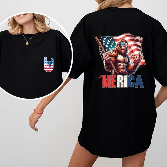Merica Bigfoot Graphic Tees Fashion Patriotic Sasquatch Print T Shirts Short Sleeve Casual Cotton Pattern Classic Tops for Daily Outfits popular InS-style pattern round neck is trendy Black,XL