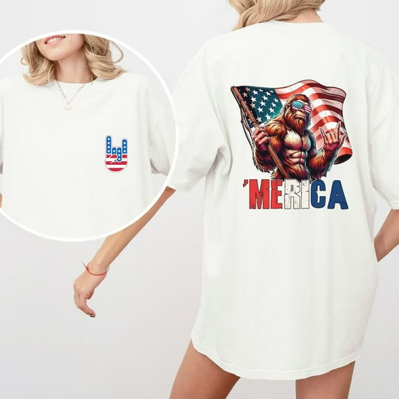 Merica Bigfoot Print Tshirts Fashion Patriotic Sasquatch Graphic Tees Short Sleeve Casual Tops Cotton Shirts for Daily Outfits White,S