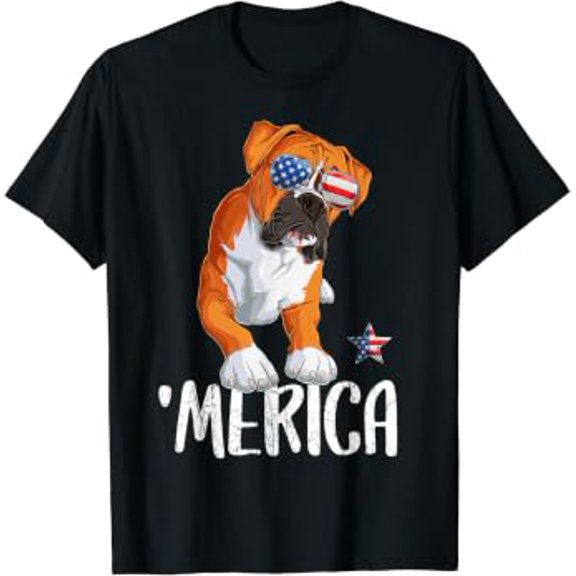 Merica Boxer Dog 4Th Of July American Flag T-Shirt