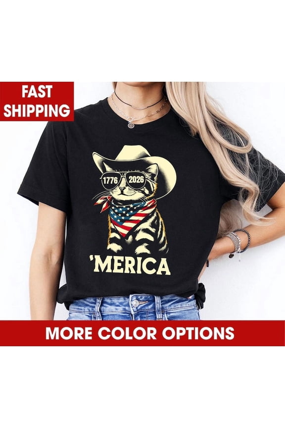 Merica Cat Shirt, Patriotic Cowboy Cat Tee 1776-2026, Funny 4th of July Shirt, USA America 250 Anniversary Shirt, Cat Lover Gift