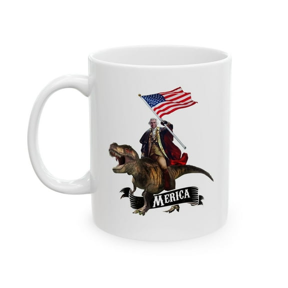Merica 11 oz Coffee Mug - George Washington Riding T-Rex White Ceramic Gift