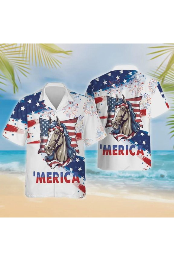 Merica Horse Hawaiian Shirts, American Flag Summer Shirts, Fireworks 4th Of July Button Down Short Sleeve Shirts, Patriotic Horse Shirts.