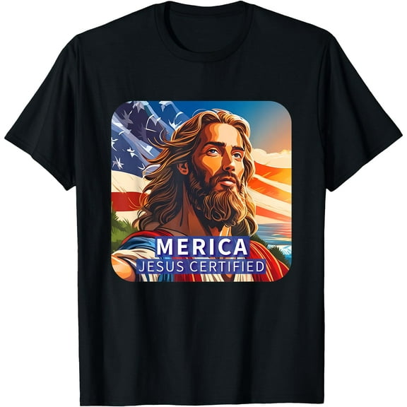 Merica Jesus Certified American Flag Funny Patriotic USA T-Shirt for Women Men,Black