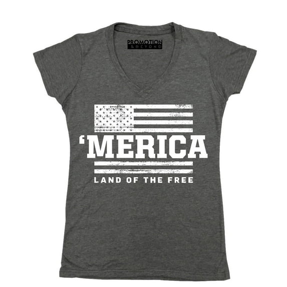 Merica Land of The Free 4th of July Women's V-neck, XL, Heather Charcoal