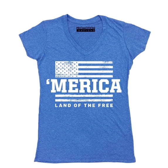 Merica Land of The Free 4th of July Women's V-neck, XL, Heather Royal