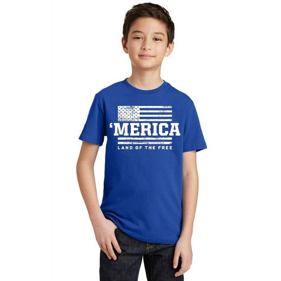 Merica Land of The Free 4th of July Youth T-shirt, Youth L, Royal