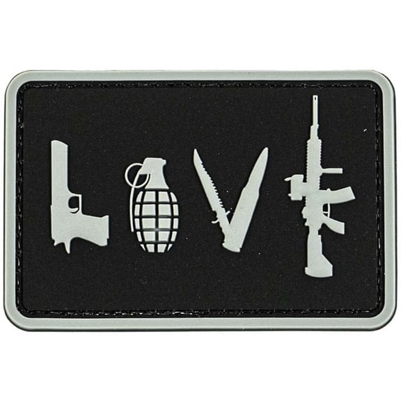 Merica Life LOVE - Pistol Grenade Knife Rifle PVC Patch, Gray, 3 x 2