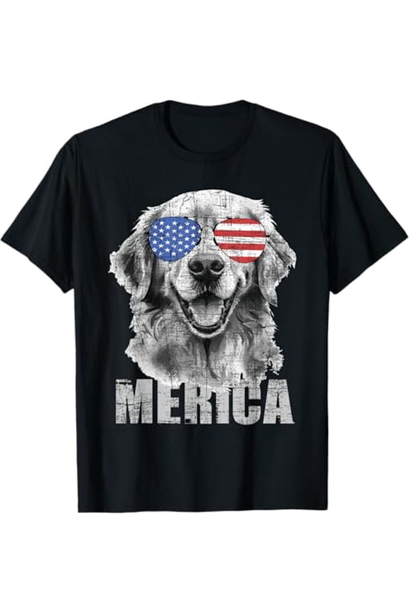 Merica - Patriotic American Flag Golden Retriever Dog Lover T-Shirt