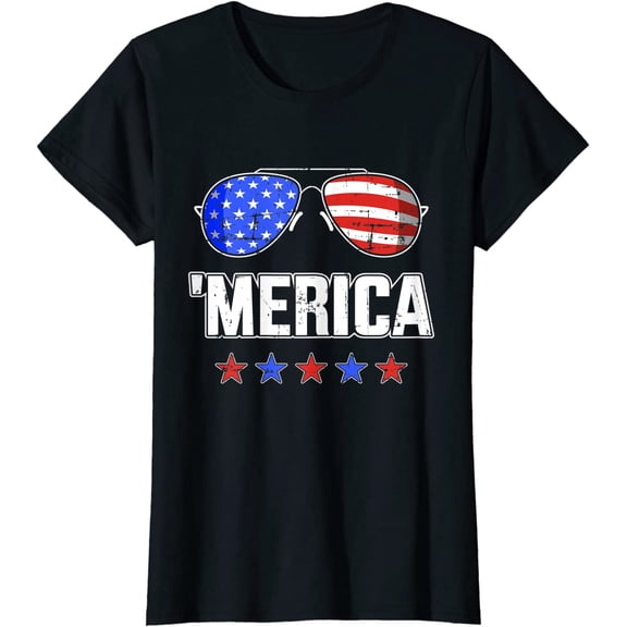 Merica Sunglasses with USA Flag for Independence Day Gift T-Shirt