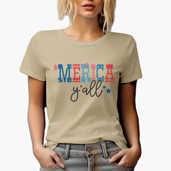 Merica Y'all, 4th of July Merch Gift, Tan T-Shirt, Medium