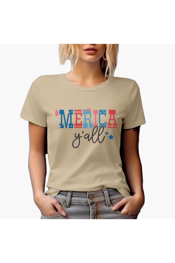 Merica Y'all, 4th of July Merch Gift, Tan T-Shirt, Small