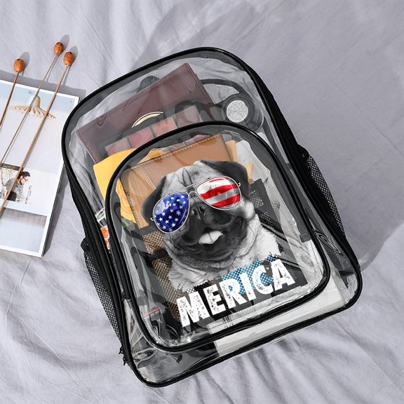 Merica pug 16'' Clear Backpack, Heavy Duty PVC Transparent Backpack, See Through Bookbag Multiple Pockets for Stadium,Travel