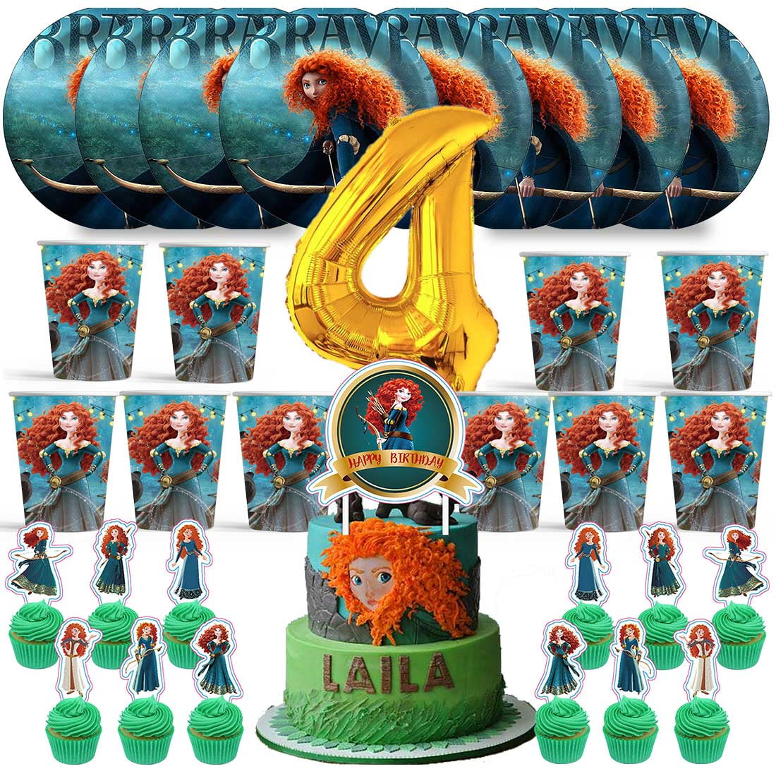 Merida Brave Princess Birthday 4th Cups Party Supplies Plates Fans ...