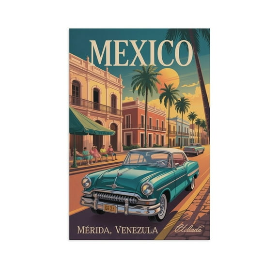 Merida Vintage City Travel Poster with Shaded Parks, Vintage Cars, And Warm Light Print Poster
