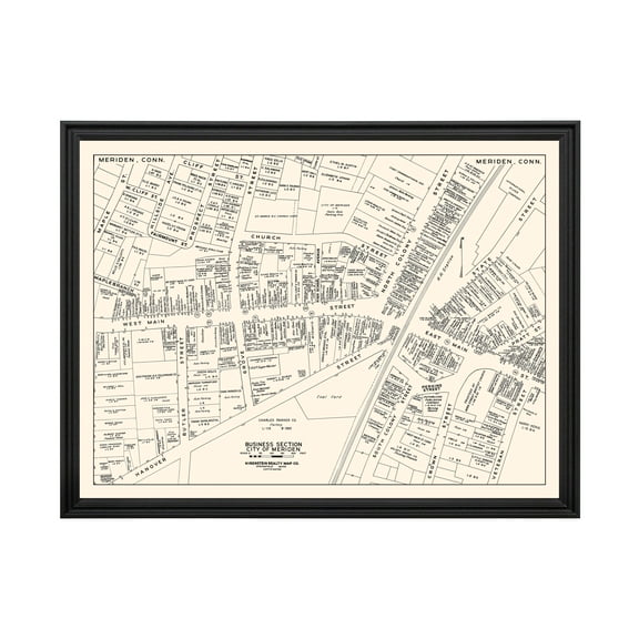 Meriden Art, 1946 Vintage Map of Downtown Meriden Connecticut, CT History Wall Decor Gift, Old Meriden Map - 24" x 18" Black Framed Print