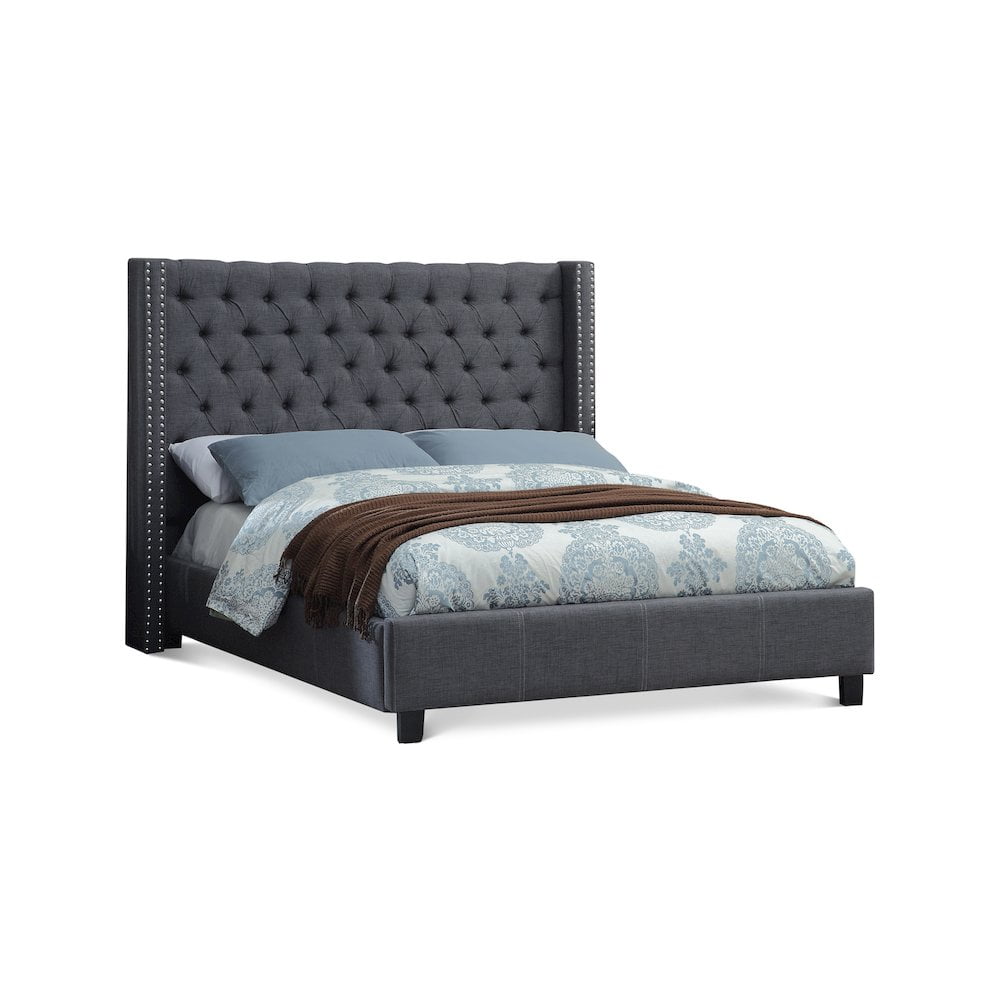 King Gray Linen Upholstered Wingback Bed with Tufted Headboard