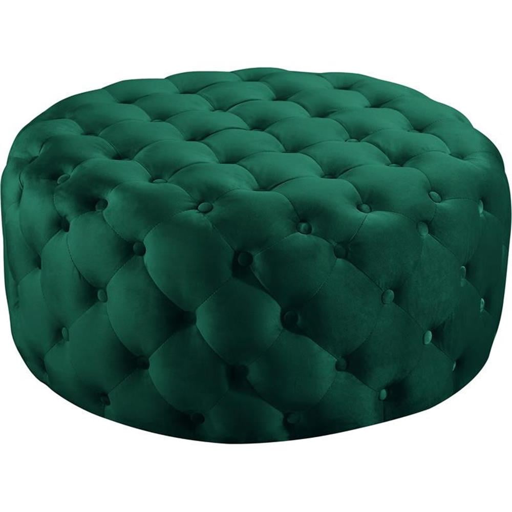 Percy Luxe Green Velvet Tufted Round Footstool Ottoman