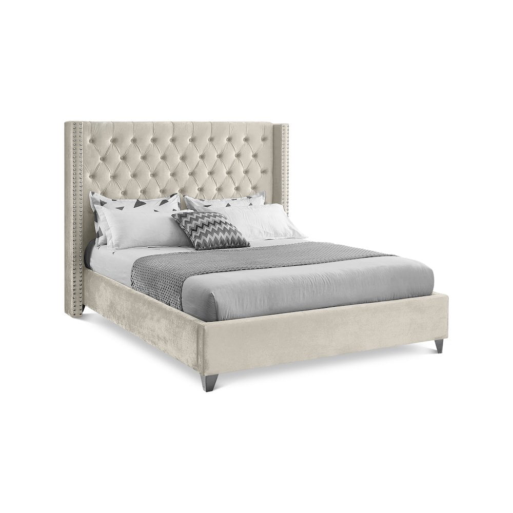 Elegant Cream Velvet Queen Bed with Deep Tufting and Chrome Nailhead Trim
