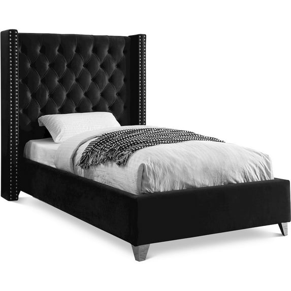 Meridian Furniture Aiden Solid Wood Tufted Velvet Wing Back Twin Bed in Black