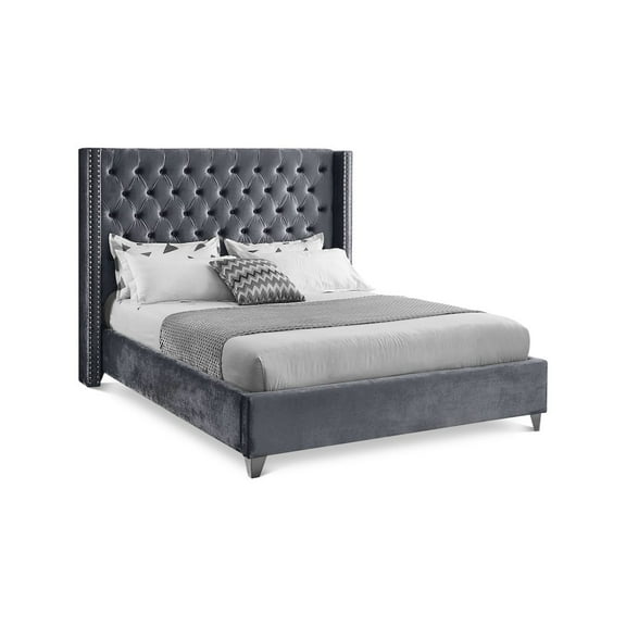Meridian Furniture Aiden Velvet Queen Bed-Color: Grey Velvet, Style: Contemporary