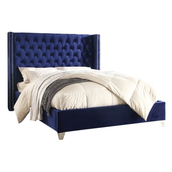 Meridian Furniture Aiden Velvet Queen Bed-Color:Navy Velvet,Style:Contemporary