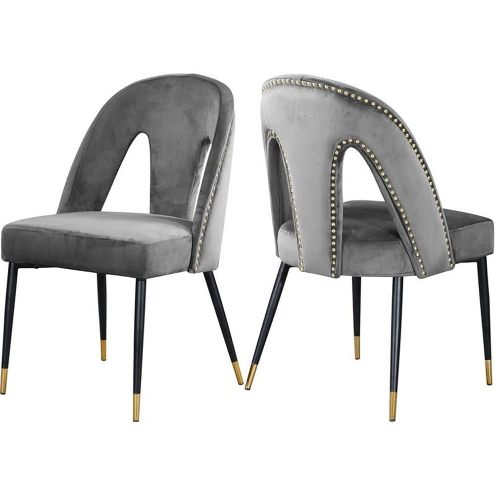 Elegant Grey Velvet Upholstered Side Chair with Metal Accents