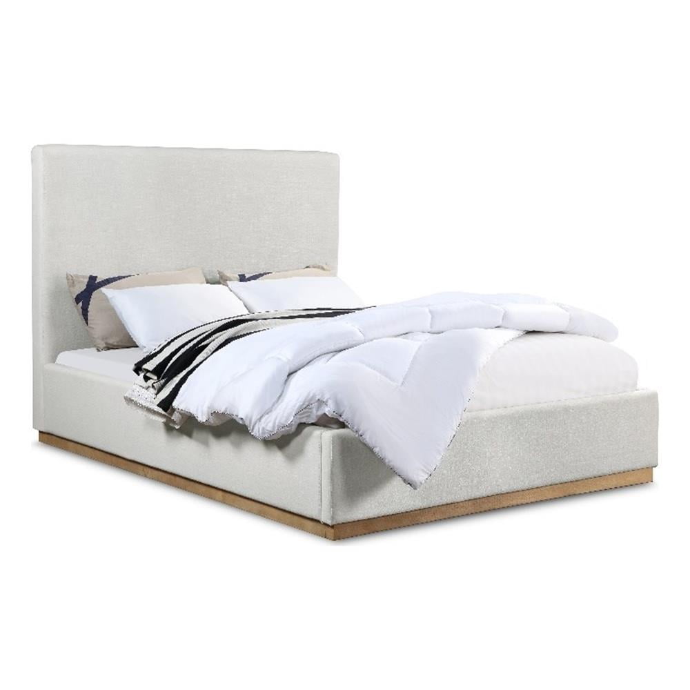 Alfie Queen Bed with Cream Linen Upholstered Headboard and Wood Frame