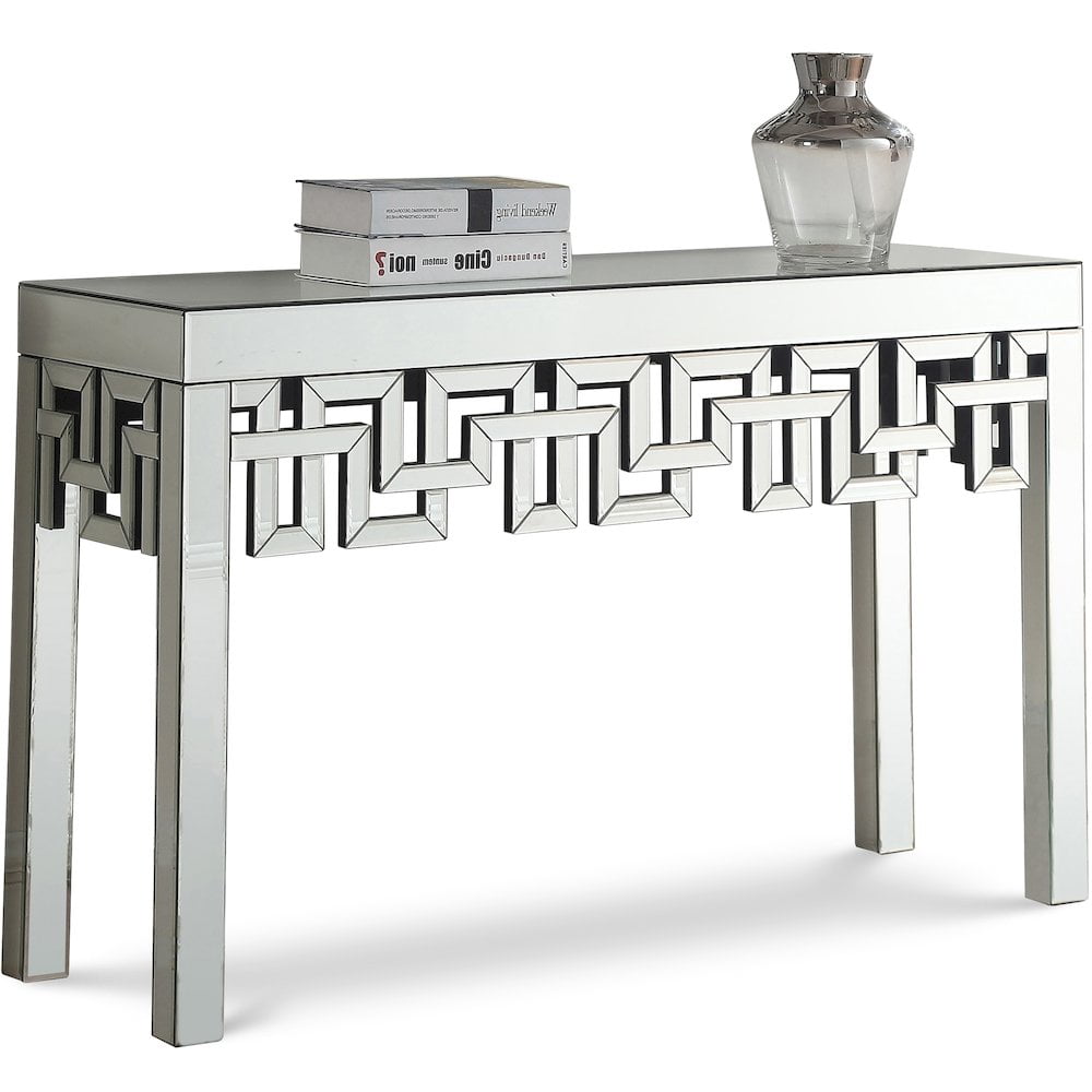 Aria Mirrored Geometric Console Table with Glass Surface